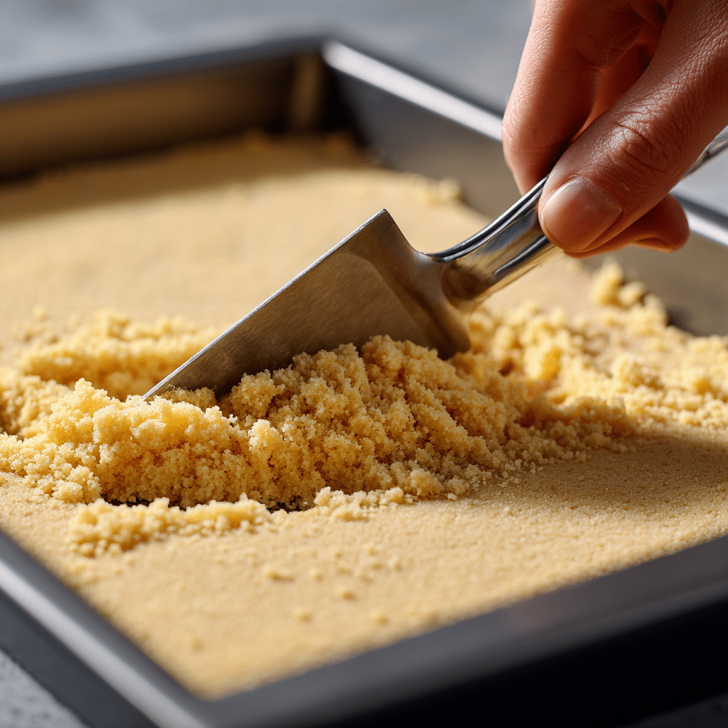 Pressing shortbread crust into pan for pecan pie bars