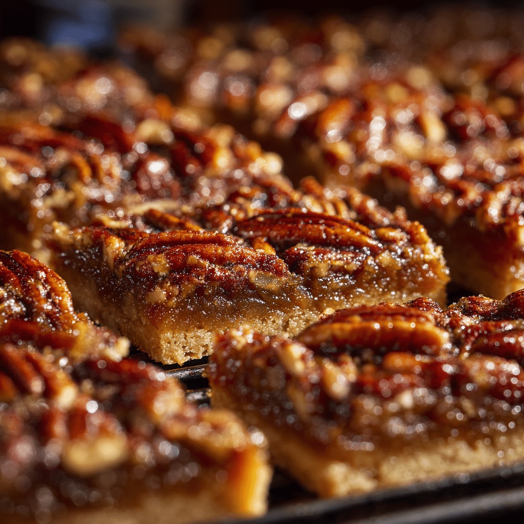 Pecan pie bars baking with caramel filling and pecans