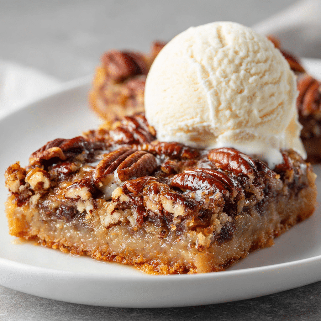 Pecan pie bars served with vanilla ice cream