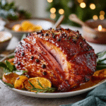 Honey glazed ham with golden crust on holiday table