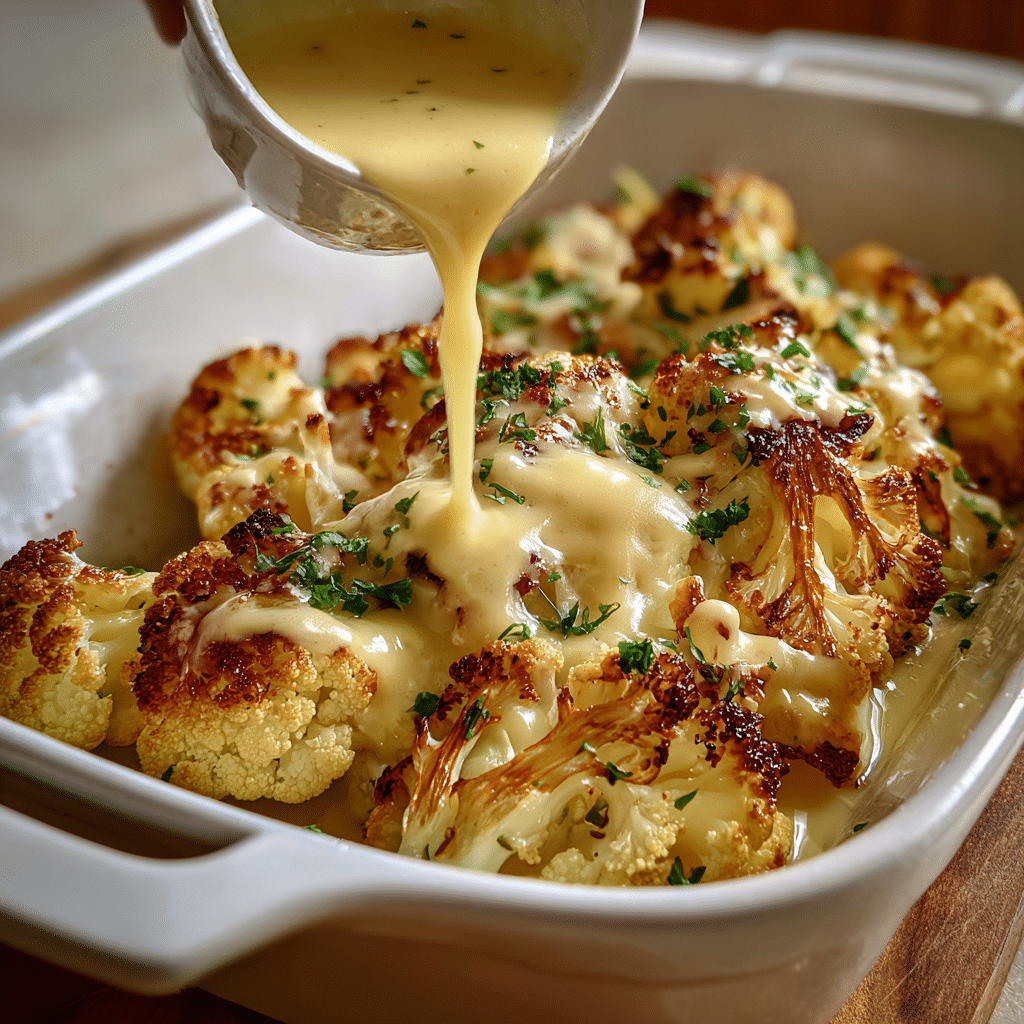 Pouring cheese sauce over cauliflower for Thanksgiving casserole