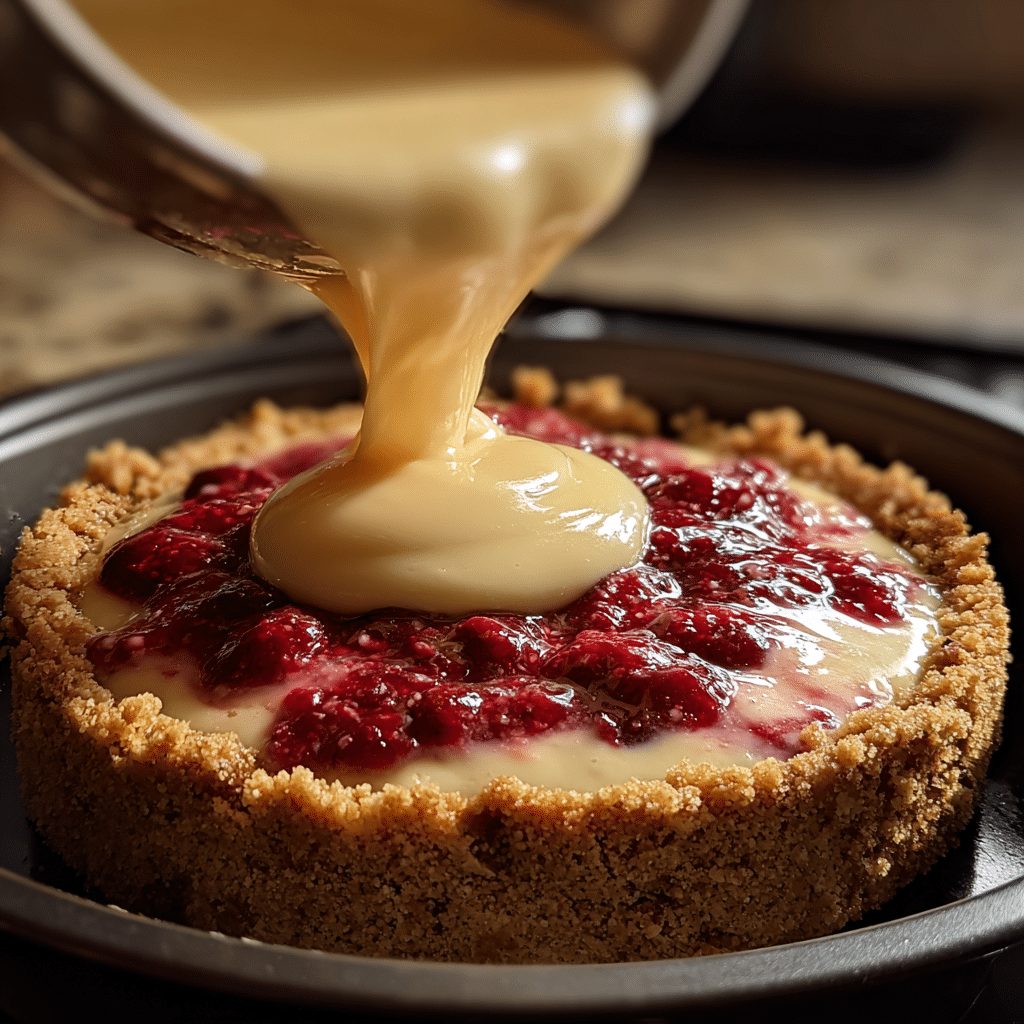 Pouring cheesecake batter for cranberry crumble bars