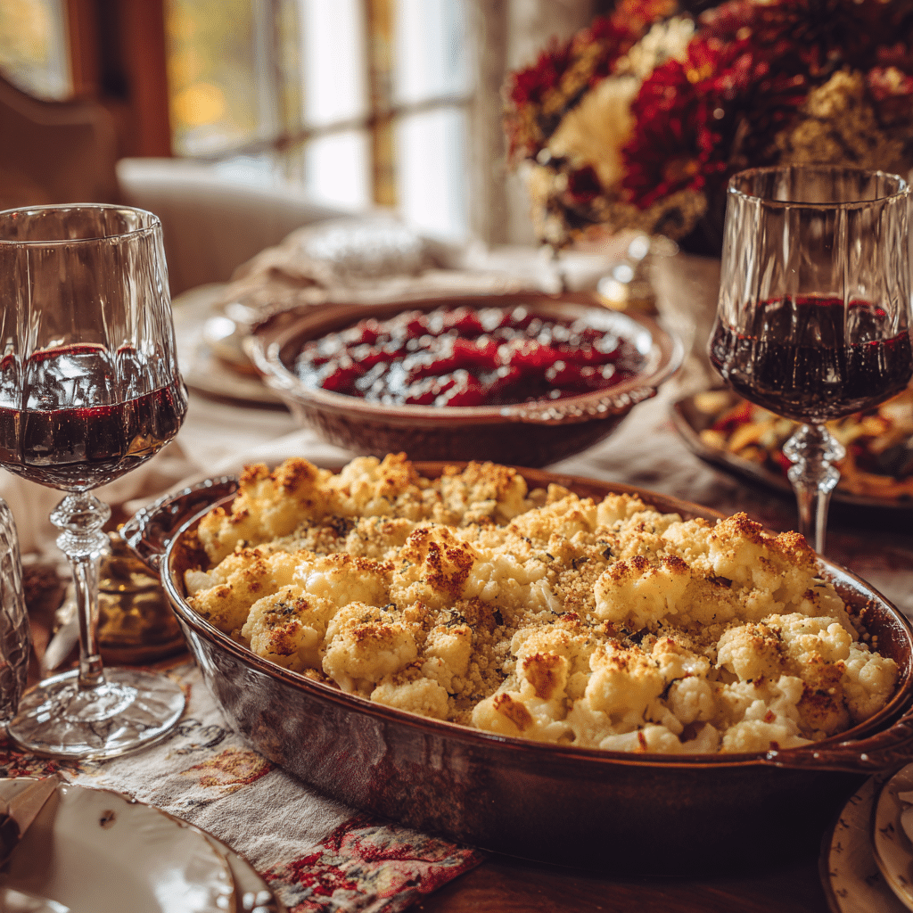 Serving Thanksgiving Cauliflower Casserole with turkey