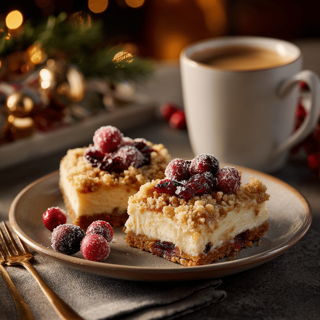 Serving Cranberry Crumble Cheesecake Bars for the holidays