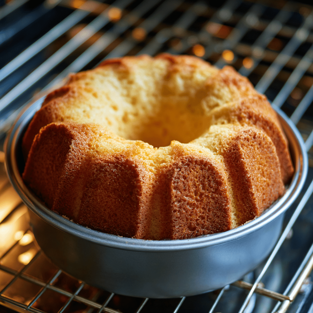 baking sour cream pound cake in oven