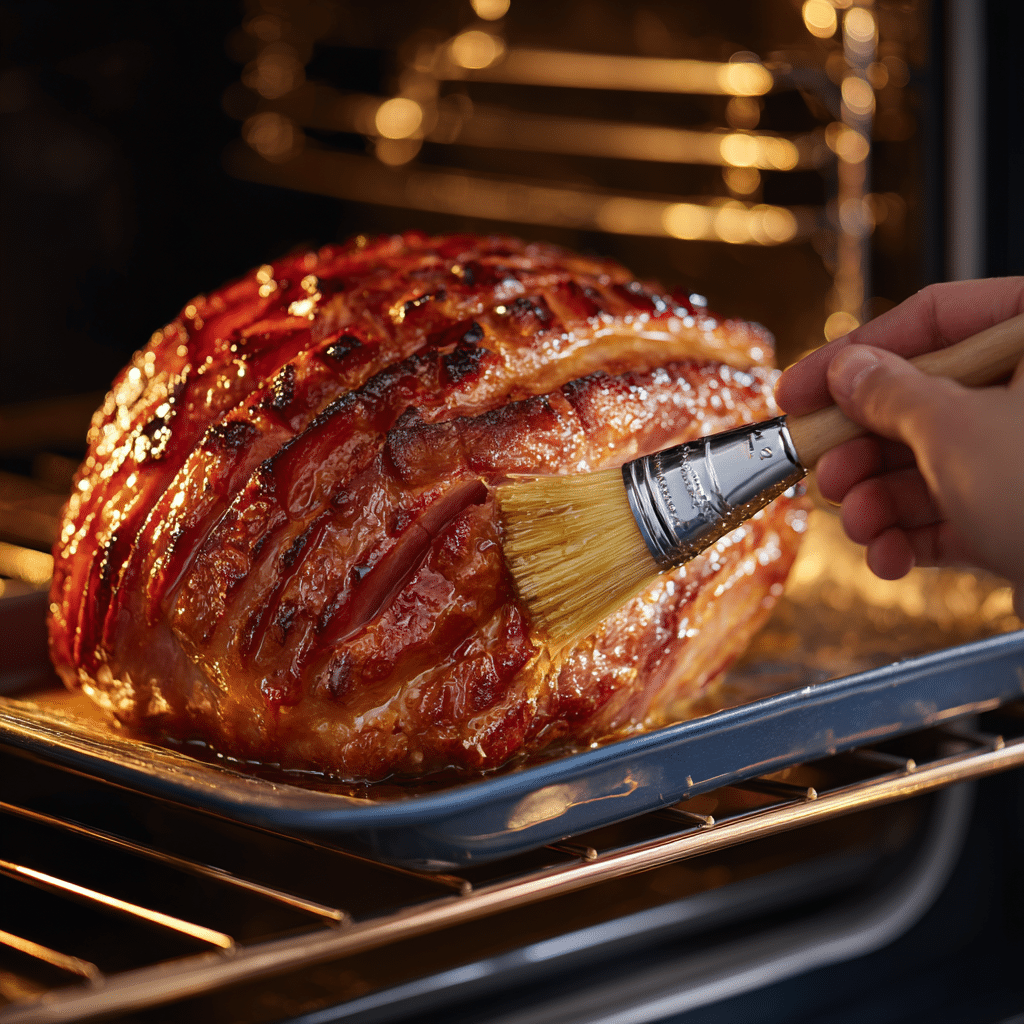 Brushing honey glaze over scored ham