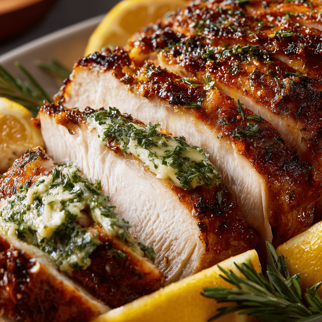 Carved juicy roast turkey breast with herb butter