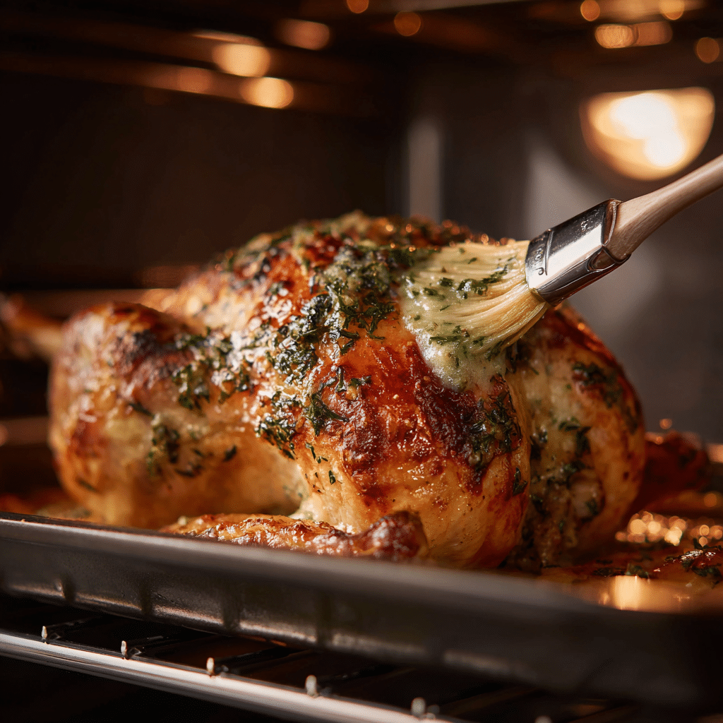 Basting turkey with herb butter while roasting
