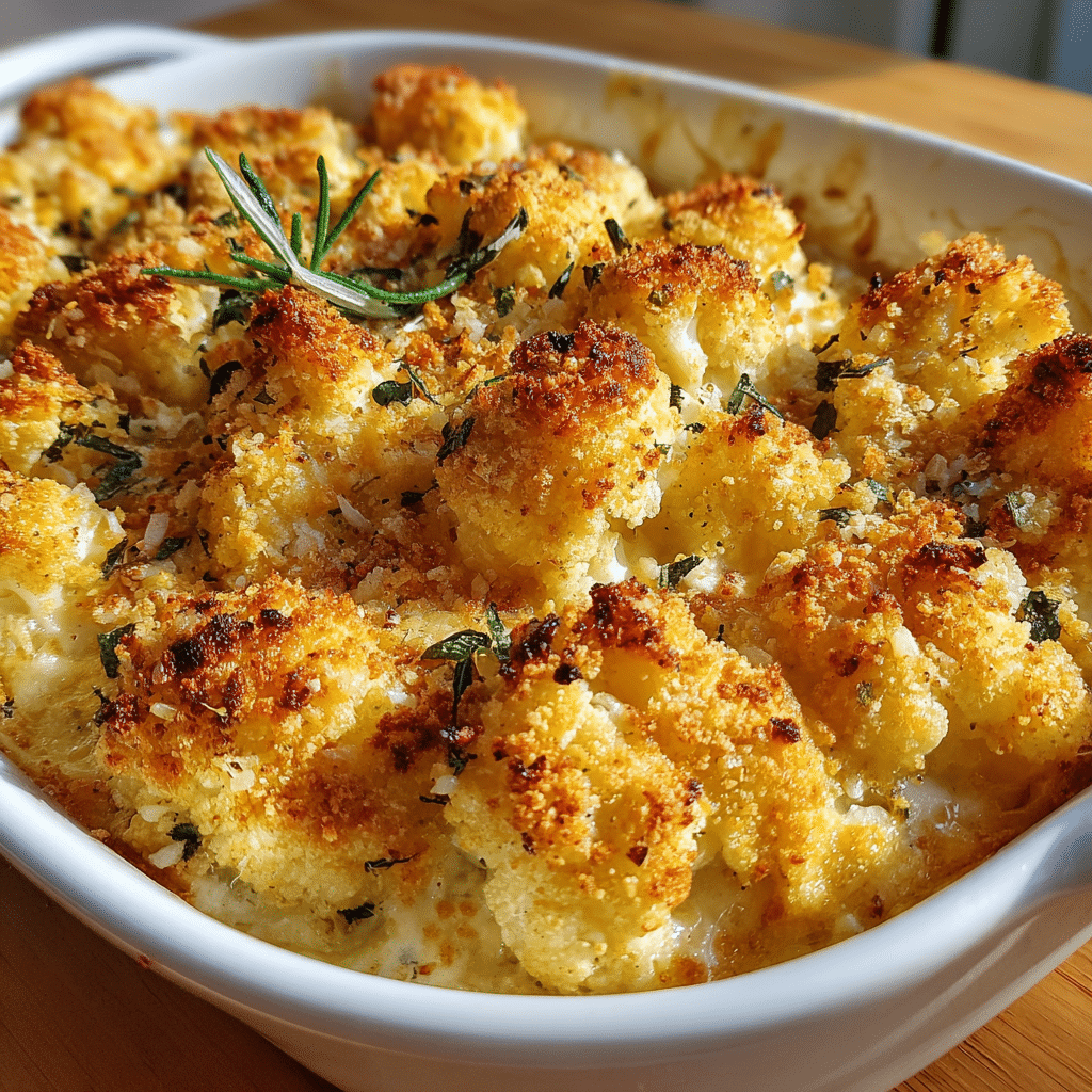 Thanksgiving Cauliflower Casserole with golden cheese topping