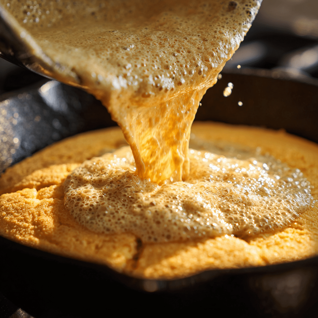 Pouring homemade cornbread batter into cast-iron skillet