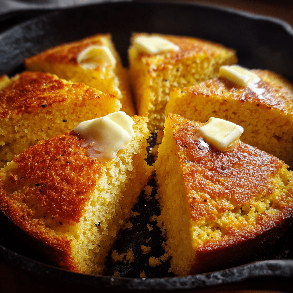 Homemade cornbread in a cast-iron skillet with butter