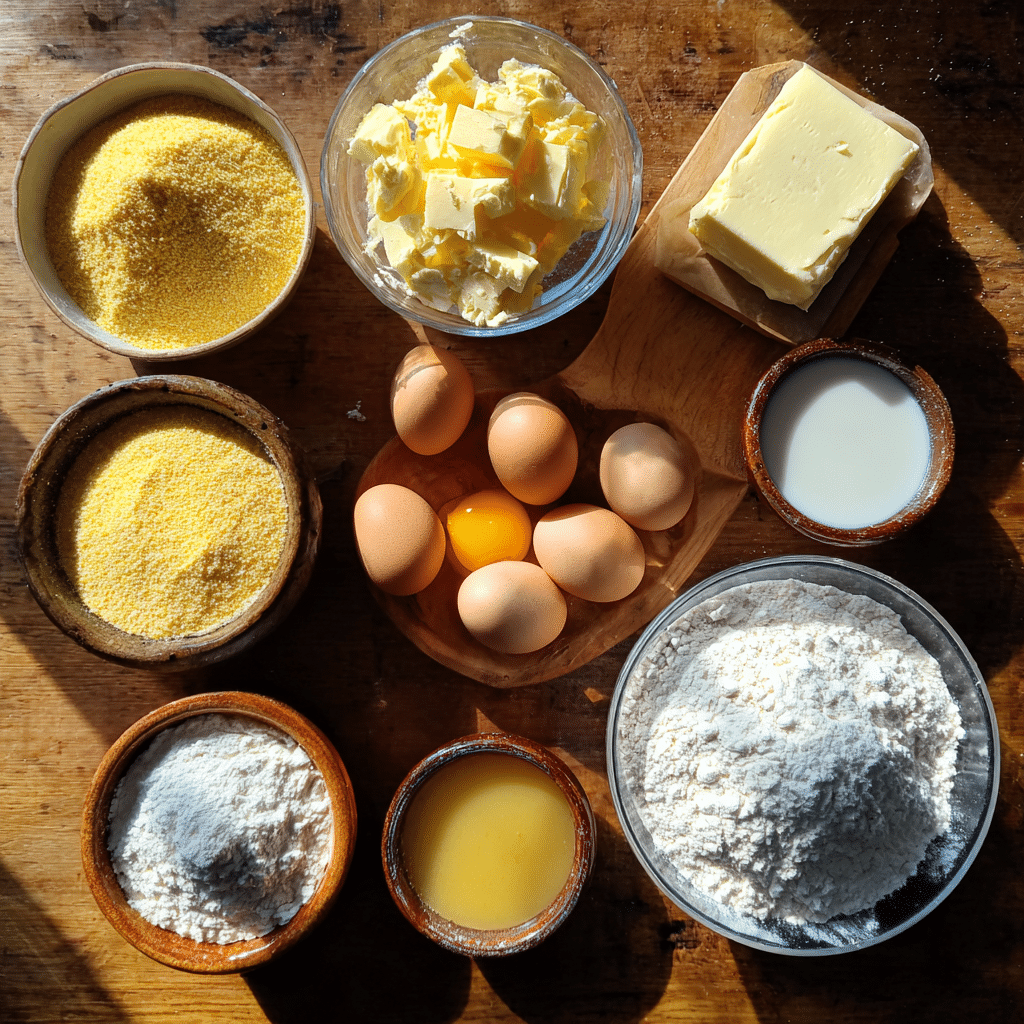 Ingredients for homemade cornbread on wooden table