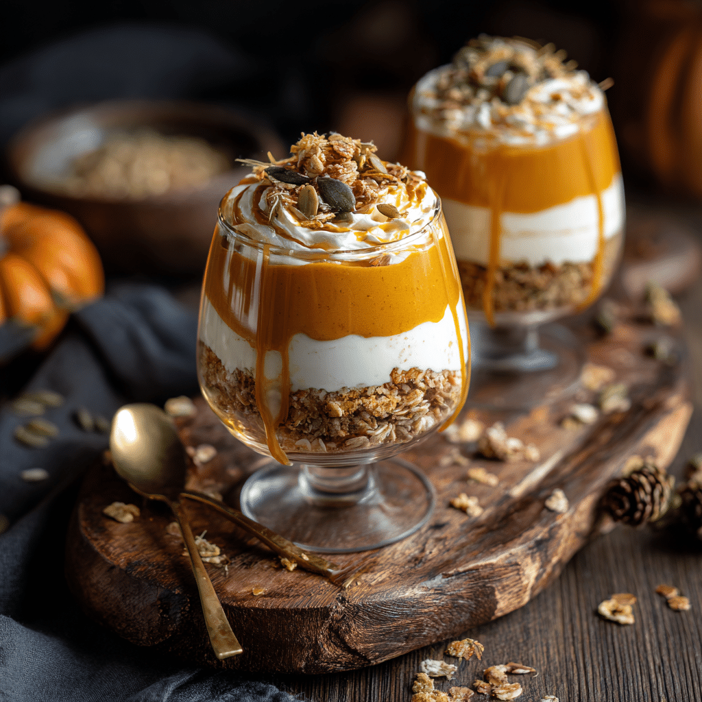 Layered Creamy Pumpkin Mousse parfait with granola and maple syrup