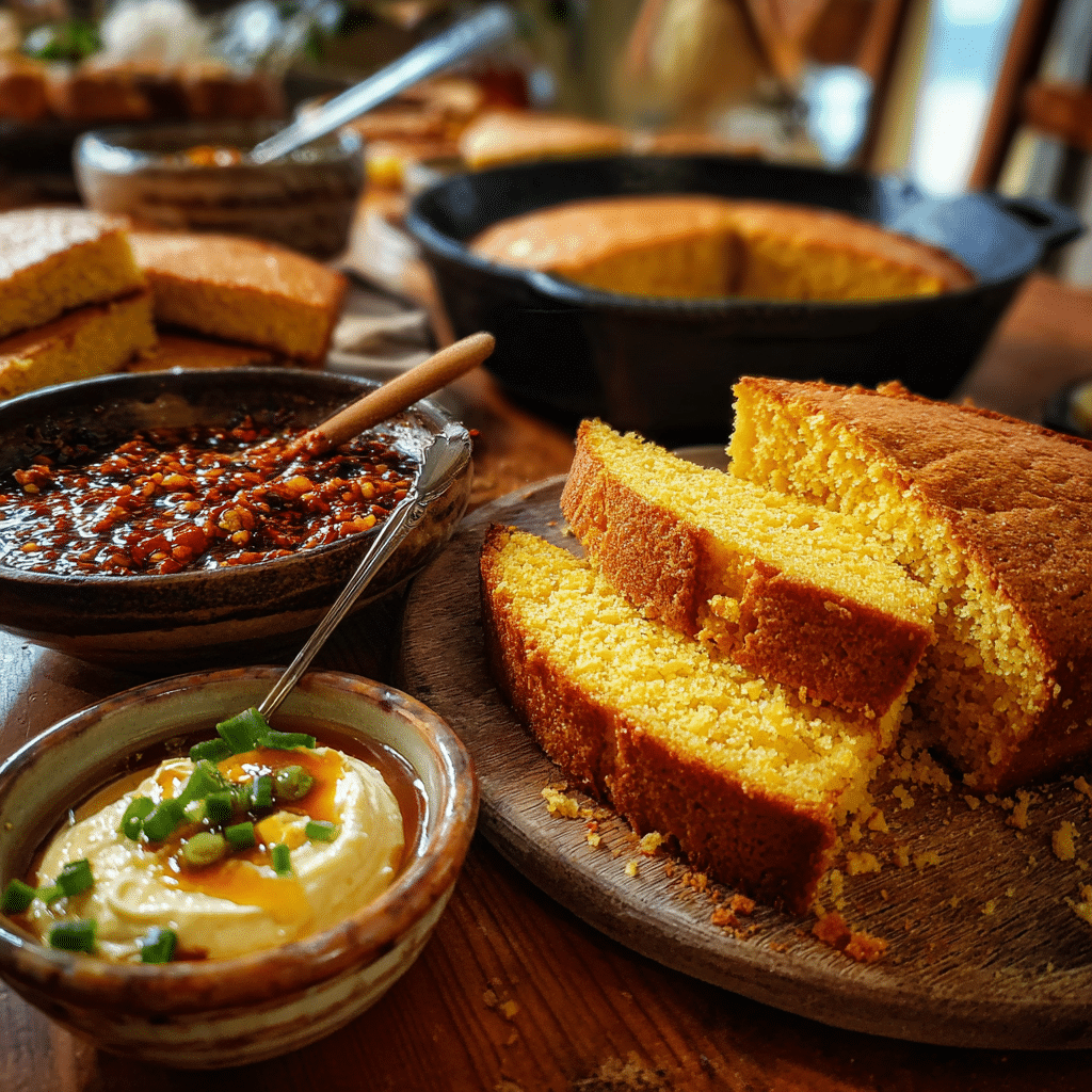 Serving homemade cornbread with chili and honey butter