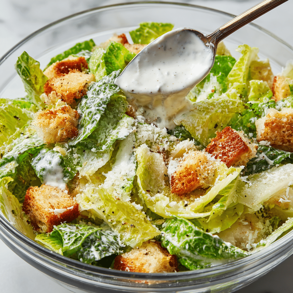 Tossing Caesar salad with creamy dressing
