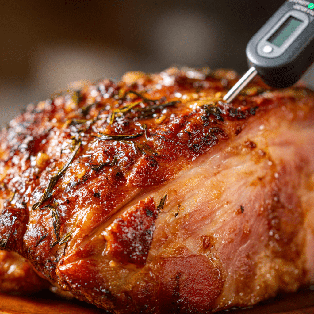 Meat thermometer in honey glazed ham