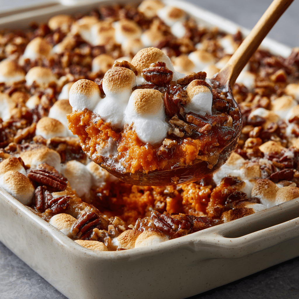 Serving sweet potato casserole with marshmallows and pecans