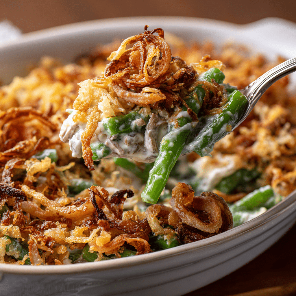 Serving green bean casserole with crispy onions