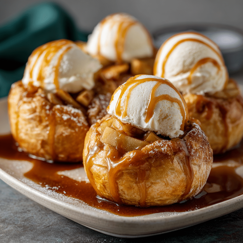 Serving caramel apple pie bombs with ice cream