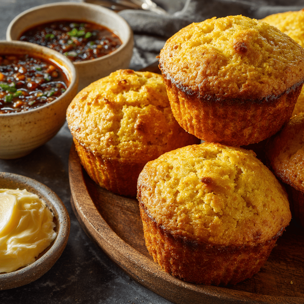 Cornbread muffins served with chili and honey butter