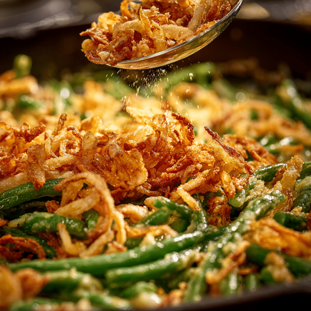 Adding fried onions to green bean casserole before baking