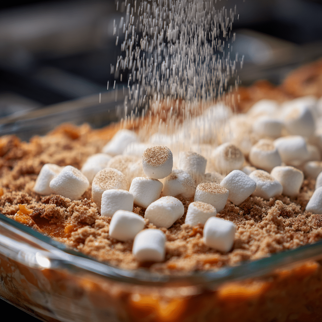 Adding marshmallows to sweet potato casserole