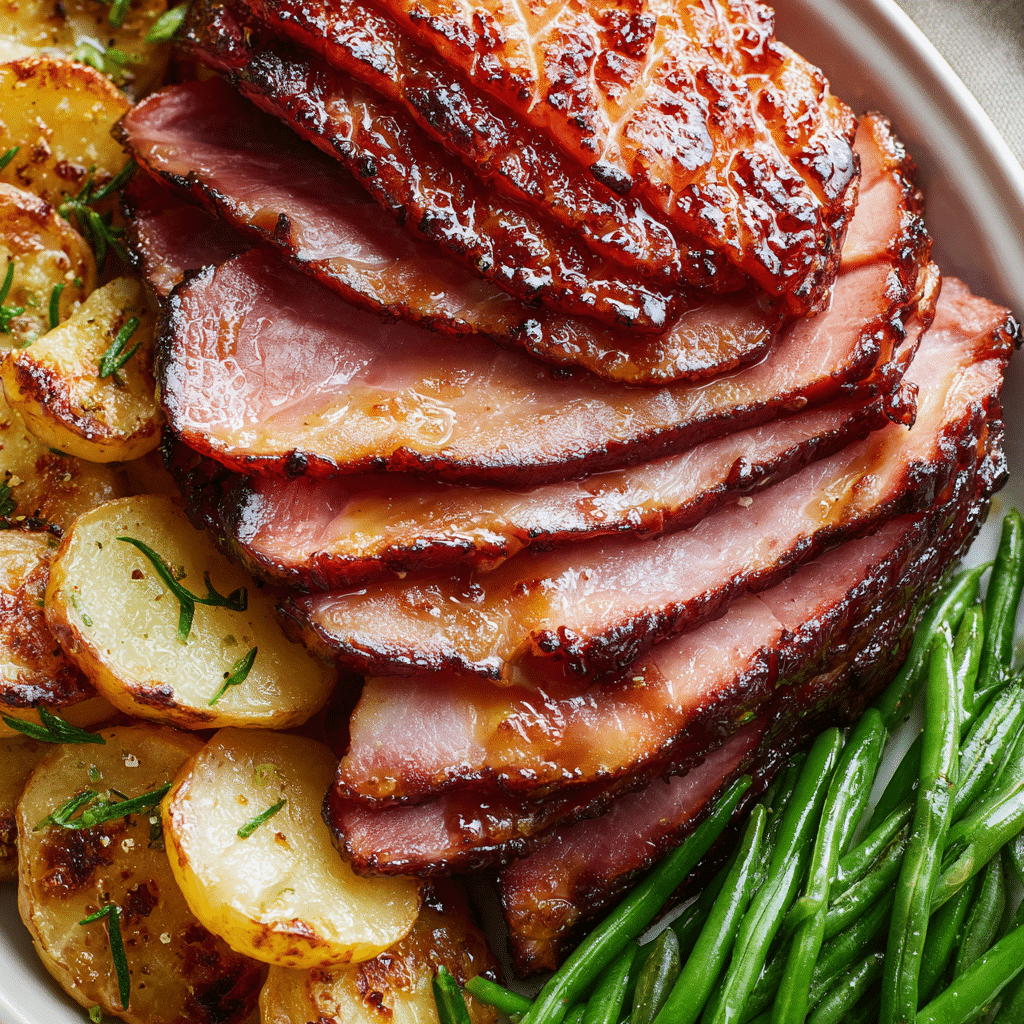 Sliced honey glazed ham with festive side dishes