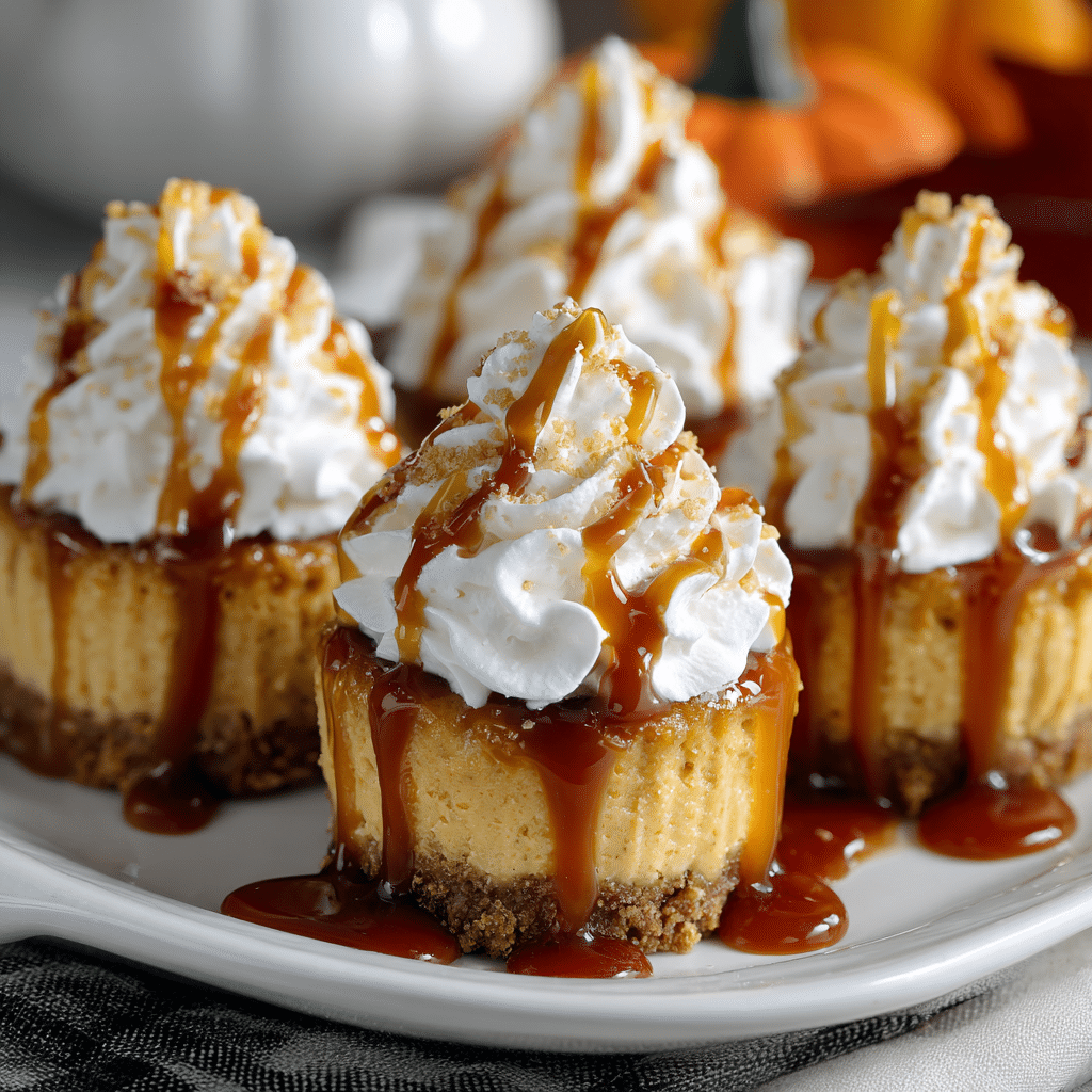 Serving mini pumpkin cheesecakes with caramel drizzle